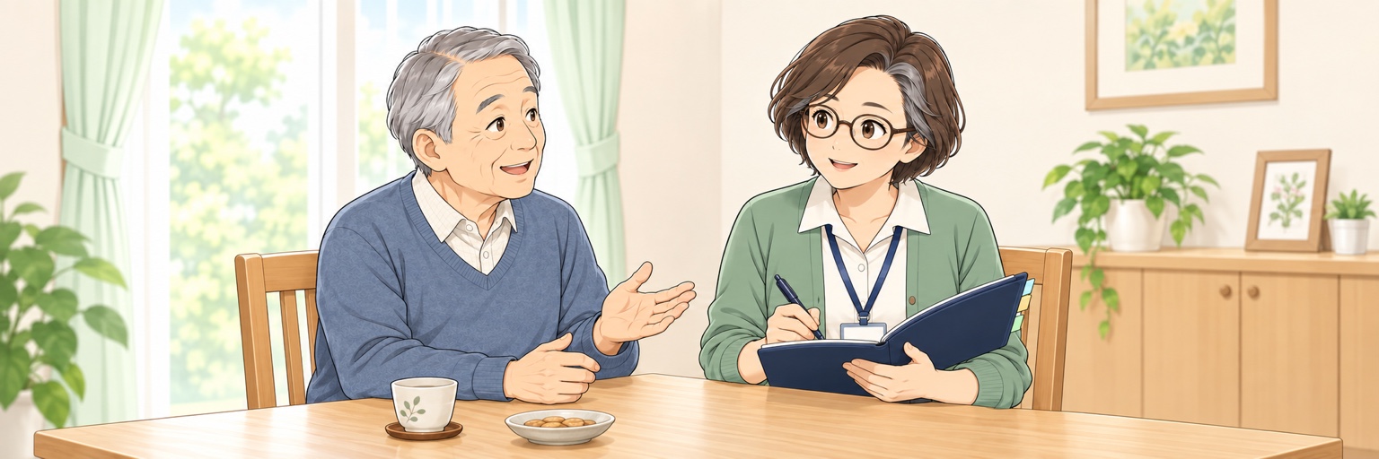 ご自宅で高齢の男性の話を聞き、手帳に記録するケアマネジャー